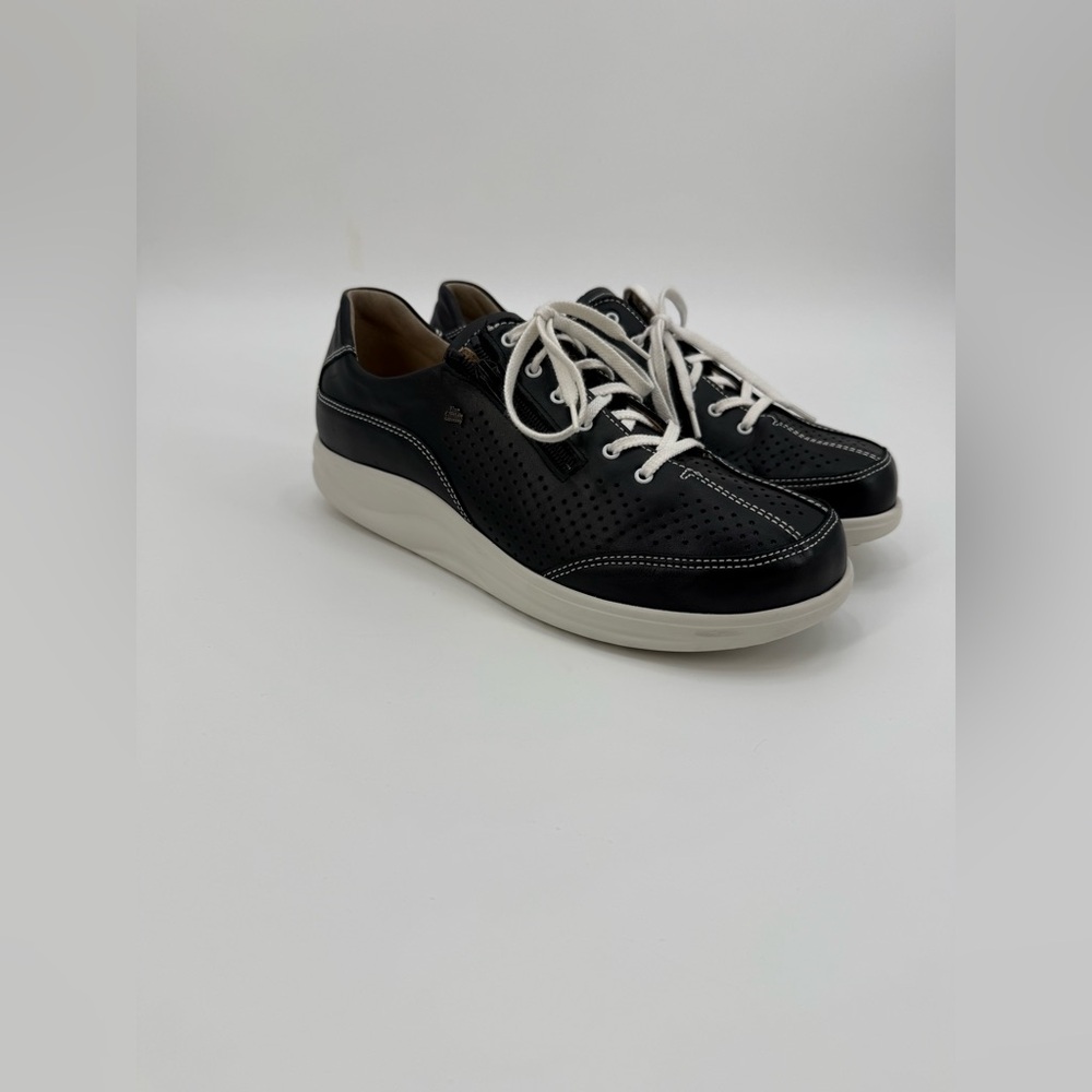 Finn Comfort Black Leather Sneakers Comfort Walking Shoes Lace-Up Perforated - Picture 10 of 16